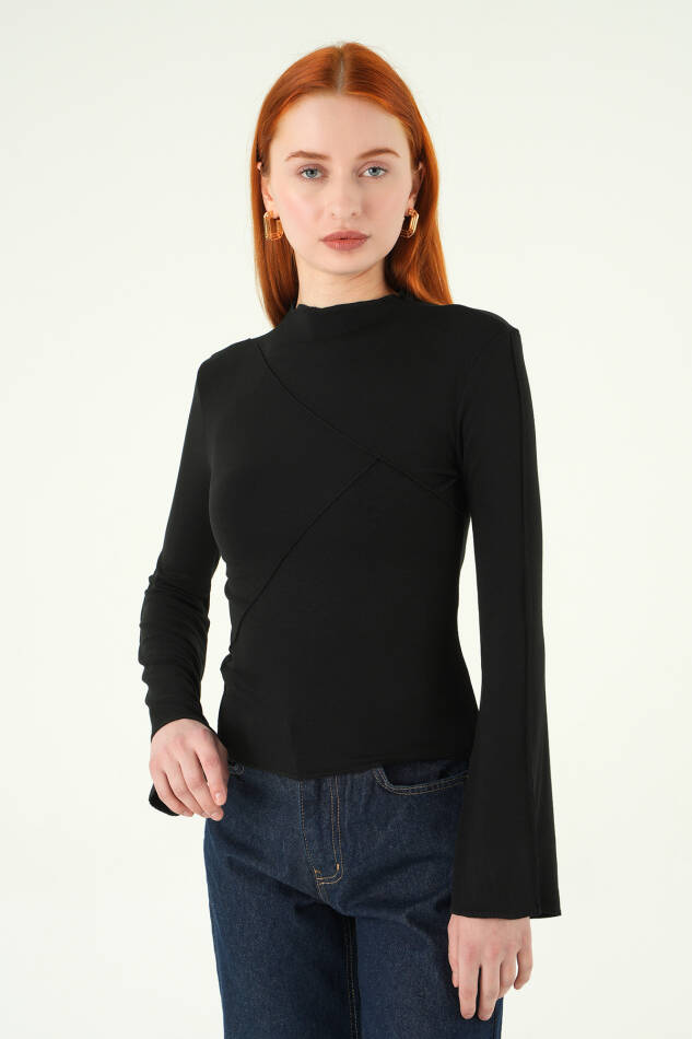 8238A Bisiklet Yaka Ön Çimalı Bluz-Siyah - 7