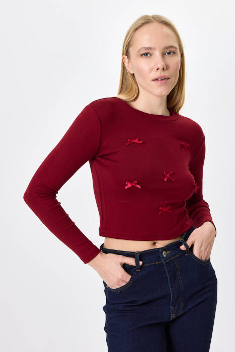 8264A Bisiklet Yaka Kurdeleli Badi-Bordo