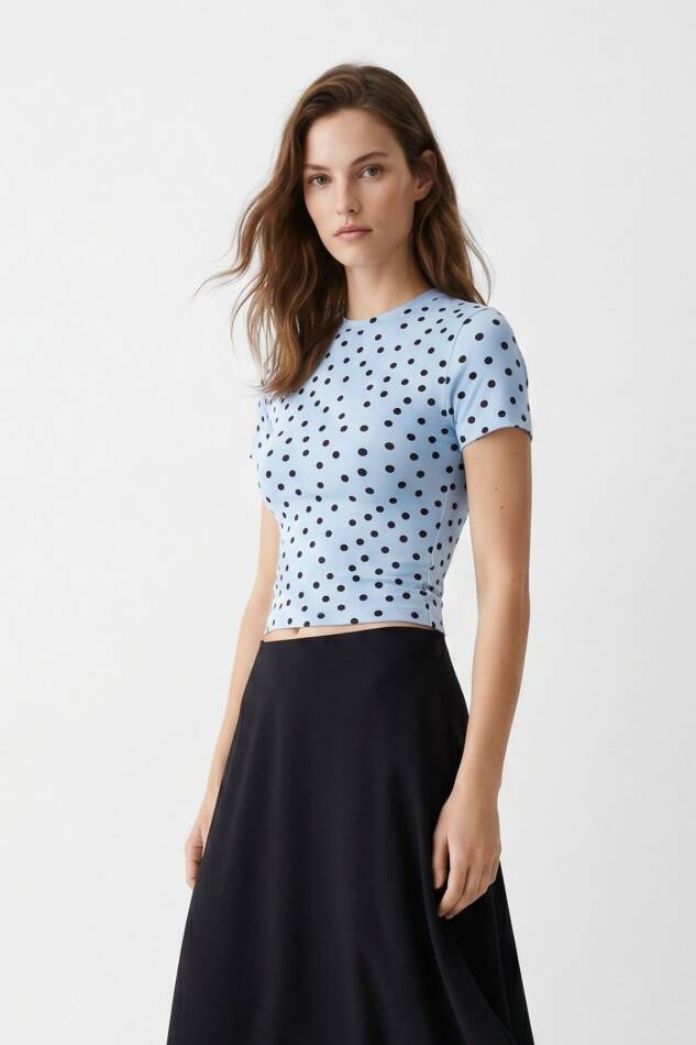 Bisiklet Yaka Kısa Kol Puantiyeli Slim Fit Tişört 2911-Mavi - 1